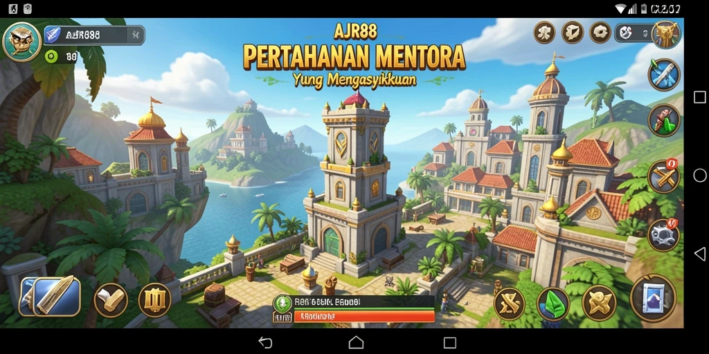 Screenshot gameplay AJR88 menampilkan pertarungan menara melawan musuh.