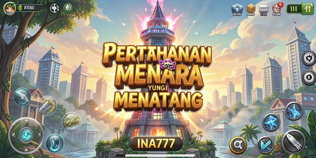 Screenshot menampilkan gameplay seru di INA777 dengan menara pertahanan yang strategis.