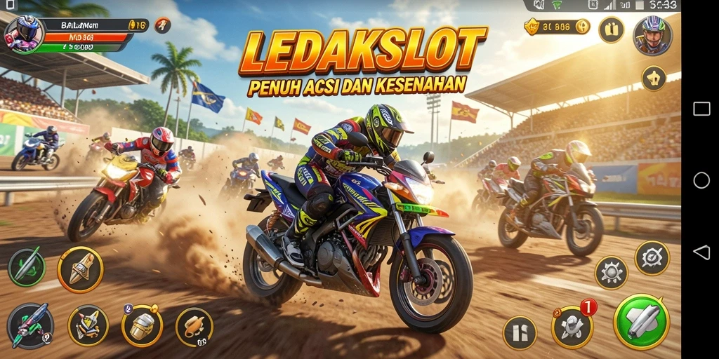 Tampilan gameplay seru LEDAKSLOT dengan balapan motor yang menegangkan.
