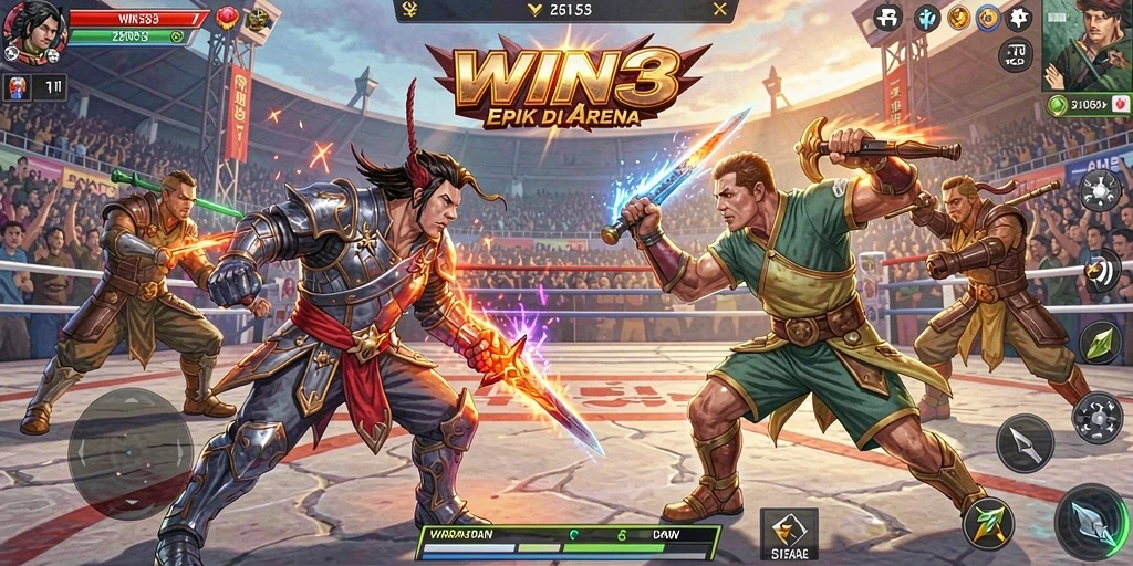 Screenshot utama WIN33 menampilkan karakter bertarung di arena yang menegangkan.